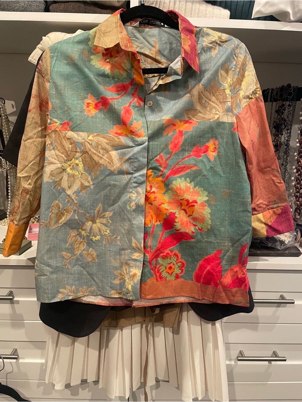 Zara Multicolor Floral Patchwork Button-Up Blouse